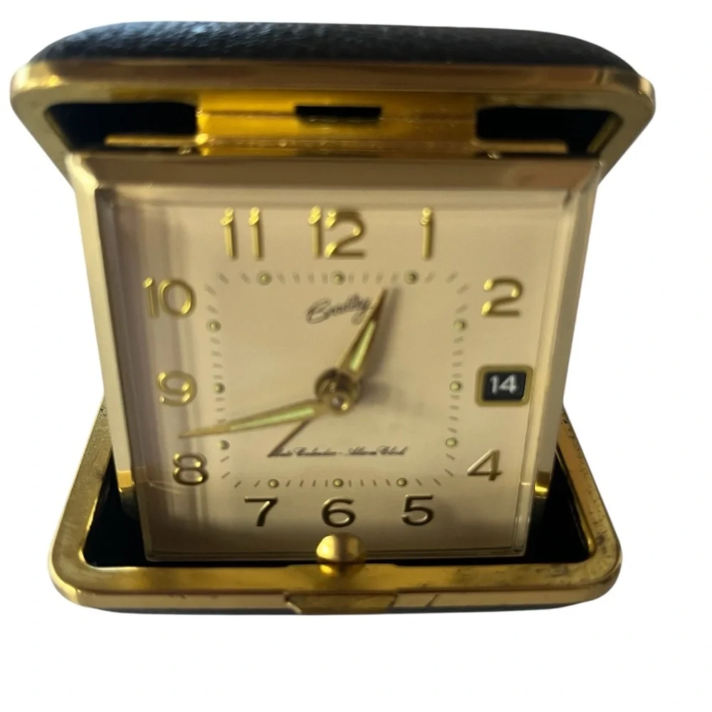 Vintage Bradley Folding Travel Alarm Clock Wind Up Black Gold Tone Working